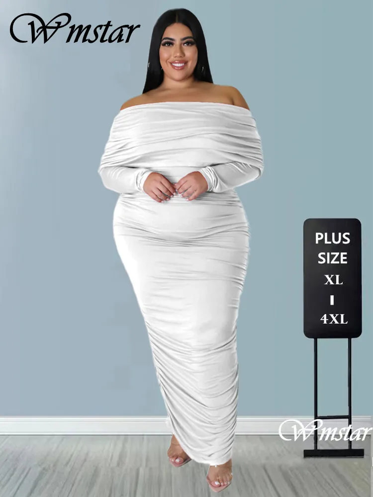 Wmstar Plus Size Dresses for Women Off Shoulder Long Sleeve Sexy Elegant Draped Fashion Maxi Dress Fall Wholesale Dropshipping