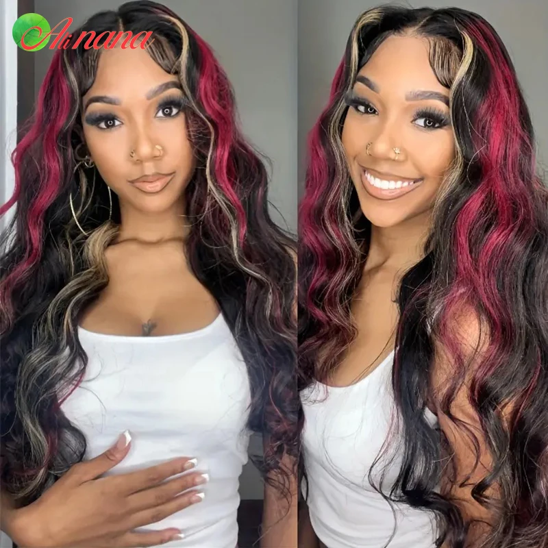 Highlights Red Blonde Colored Body Wave 180% Density Pre-Plucked 13x4 Lace Frontal Wig Remy Human Hair Wig For Black Women