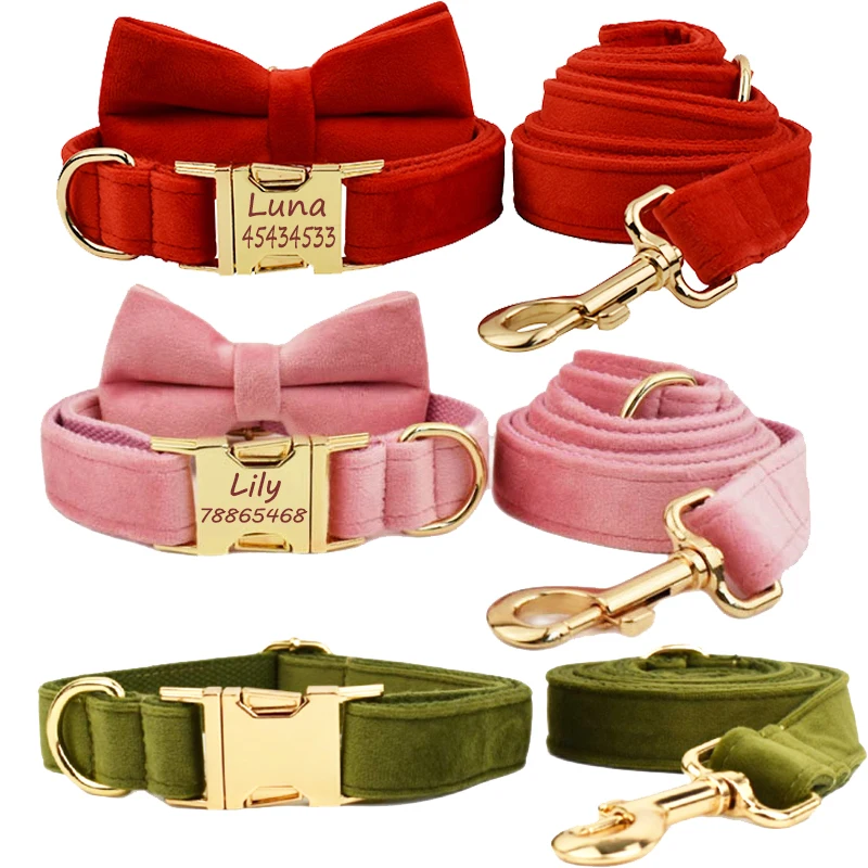 Personalized Dog Collar and Leash Set Velvet Collar Custom Engraved for Small Medium Large Dogs Collars with bow tie Flower Lead