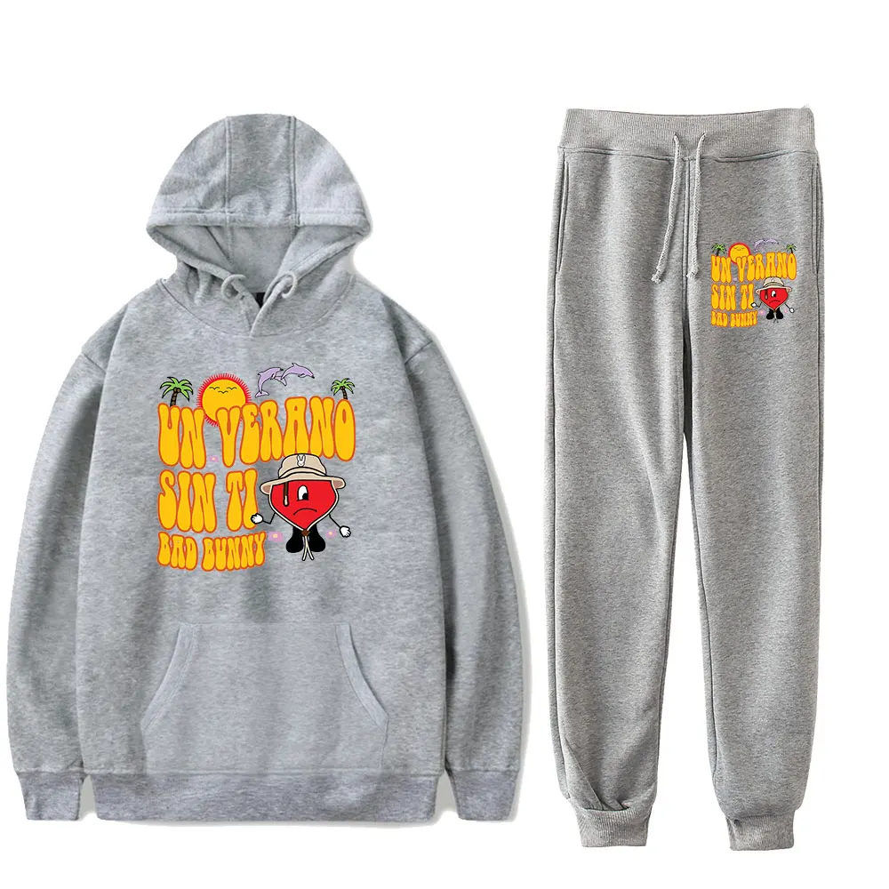 Cartoon Funny Bad Bunny Un Verano Sin Ti logo Rapper Print Sweatshirt Sweatpants Suit Hoodies+Trousers Suit 2 Piece Set Clothes