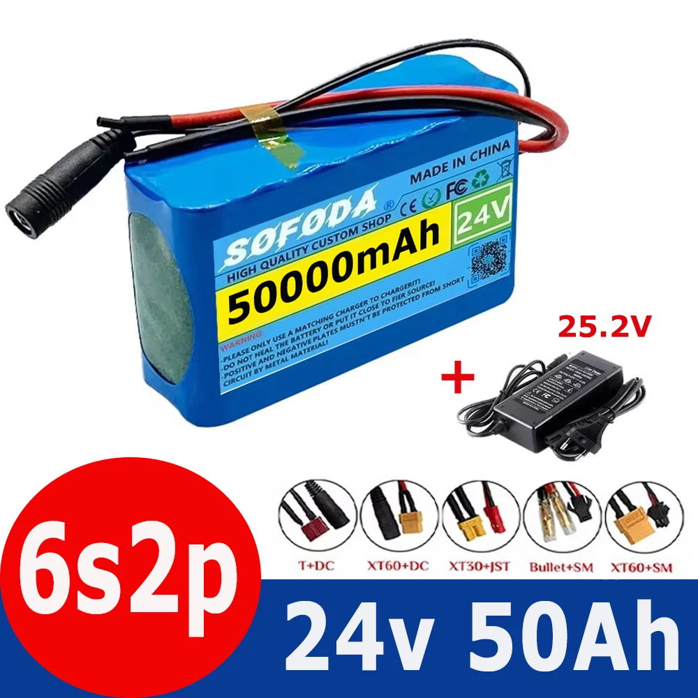 

25.2V 24V 6S2P 50000mAh 18650 Lithium Battery Pack 24V with BMS for Electric Bicycle Moped Optional plug + 2A charger