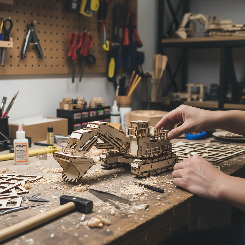 OUZEY 3D Wooden Excavator Puzzle, DIY Construction Vehicle Model Kit, Educational Assembly Toy Gift for Kids & Adults