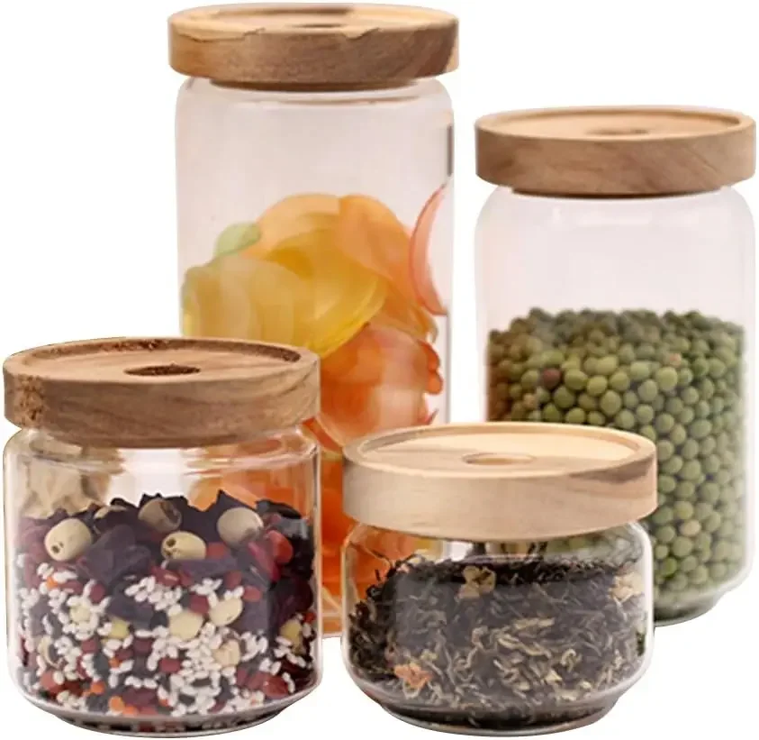 Borosilicate Glass Food Jar Storage Kitchen Jars Canisters Set with Airtight Wood Lid Set of 4 for Coffee Tea Candy Spice