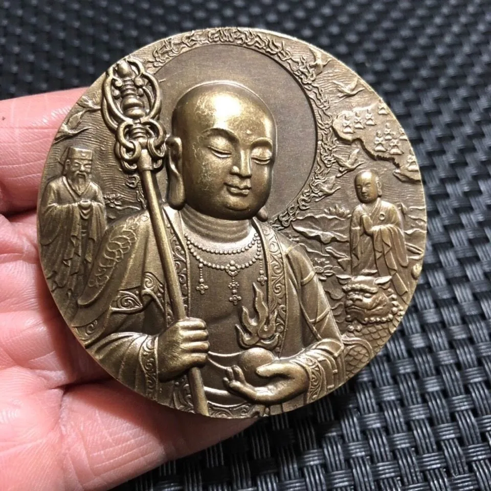 Solid Copper Earth Treasure Bronze Earth Treasure King Bodhisattva Buddha Statue Relief Buddha Hand Bronze Medal Round Plaque