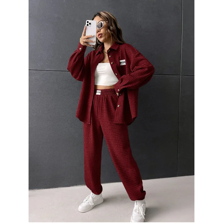 

Fashionable Button Long-sleeved Shirt + Wide-leg Pants Two-piece Sets Women Summer Casual Loose Tops Trousers Suit For Women