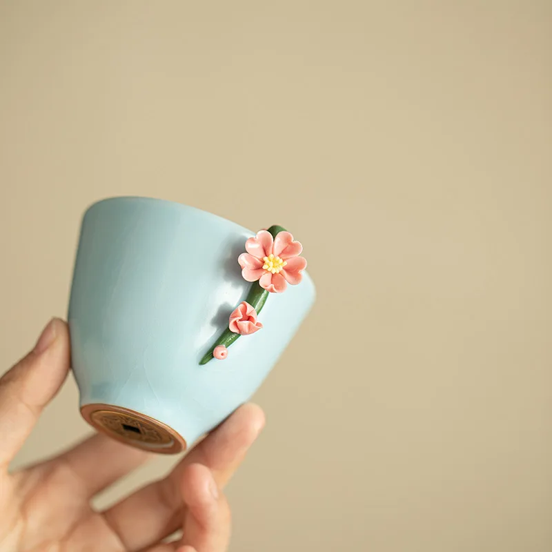 

Чайная чашка ручной работы с защемленным цветком Celadon Ru Kiln Crackle Чайный сервиз кунг-фу Master Cup
