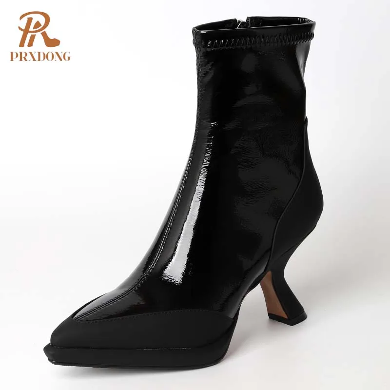 

PRXDONG Top Qulaity Autumn Winter Warm Shoes High Heels Platform Black Pointed Toe Zipper Dress Party Office Lady Ankle Boots 39