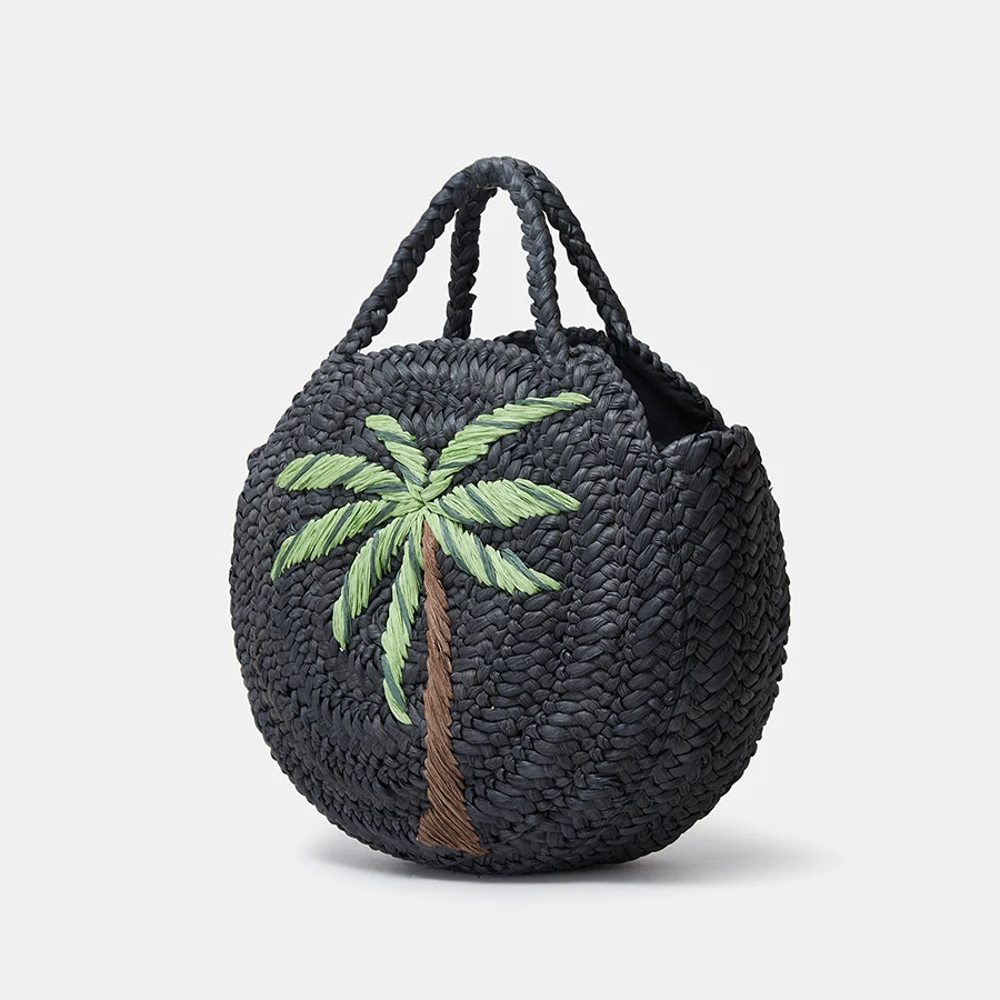 Fashion Coconut Tree Pattern Straw Women Handbags Round Corn Husk Woven Hand Bags Handmade Summer Beach Bag Large Tote Purses