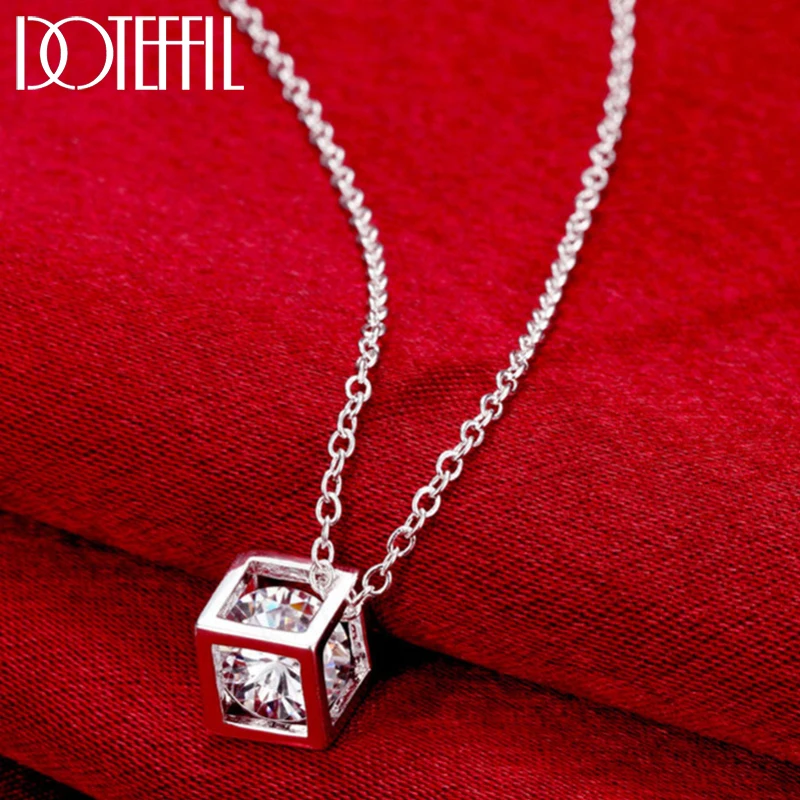 

DOTEFFIL 925 Sterling Silver Square AAA Zircon Pendant Necklace 18-30 Inch Chain For Women Fashion Wedding Party Charm Jewelry