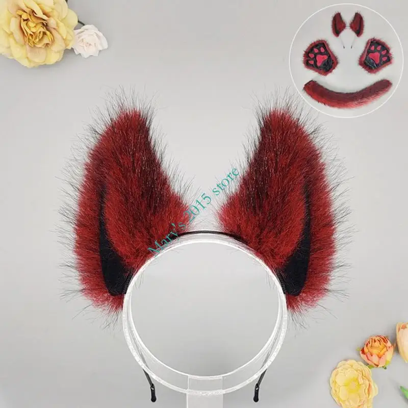 E15F Cats Foxes Faux Furs Ears Headband Halloween Fancy Dress Cosplay Costume Handmade Furry Animal Ears Hair Hoop Kid Adult