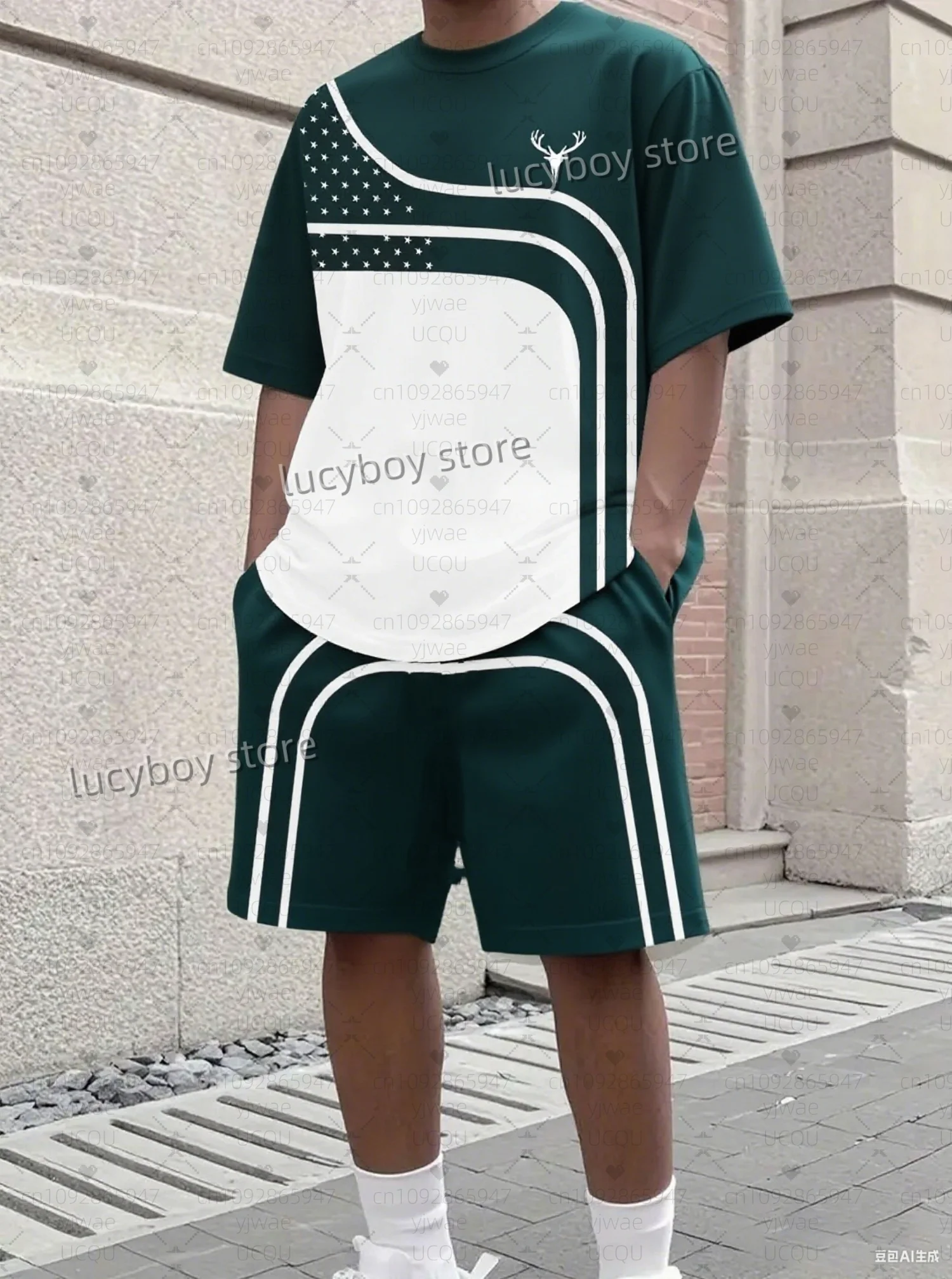 Hot Selling Summer Men  lines Print Set Short Sleeve football t-shirt Shorts Set Adult  Jogging Plus Size Tracksuit 2 Piece Set