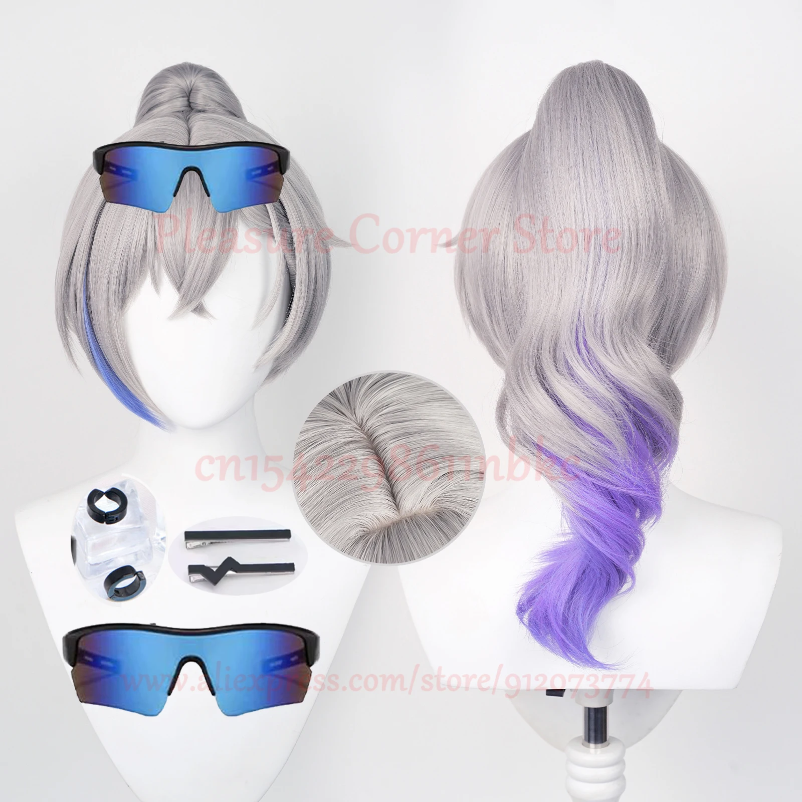 Honkai Star Rail Silver Wolf Cosplay Wig Glasses Earrings Hairclip Silver Mixed Blue Long Curly Wig Heat Resistant Cosplay wig