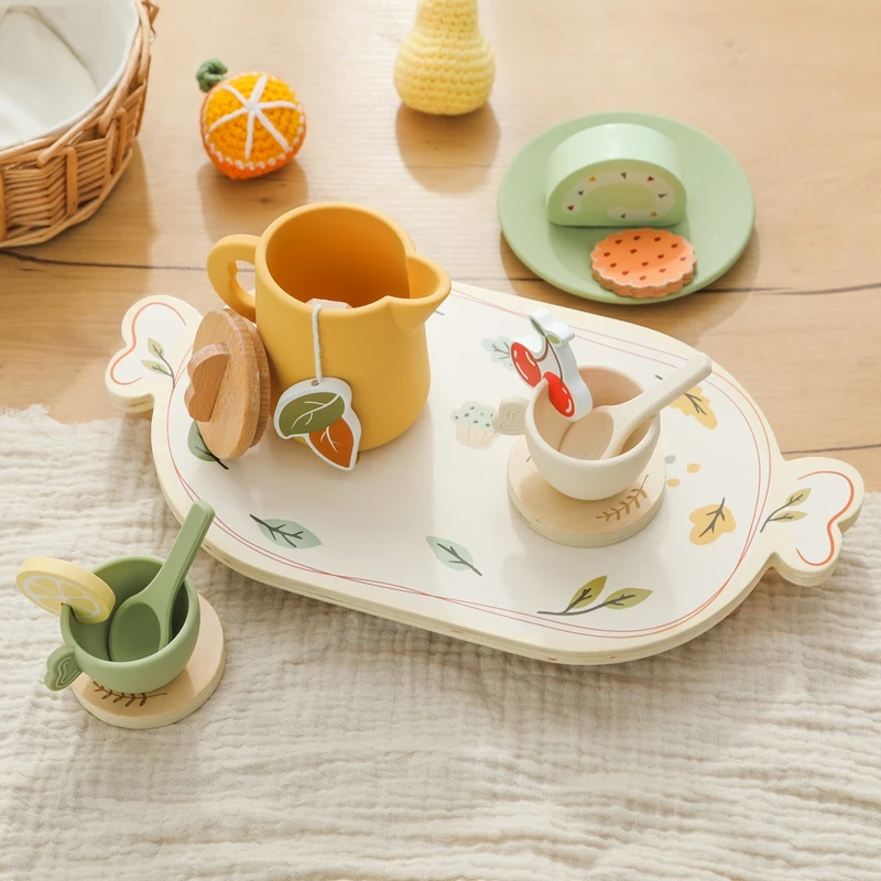 Baby Holz Montessori Spielzeug Silikon Tassen Holz teller Tabletts Dessert Modell spielen Haus Nachmittags tee Set Kinder Puzzle Spielzeug Geschenk – Detail 11