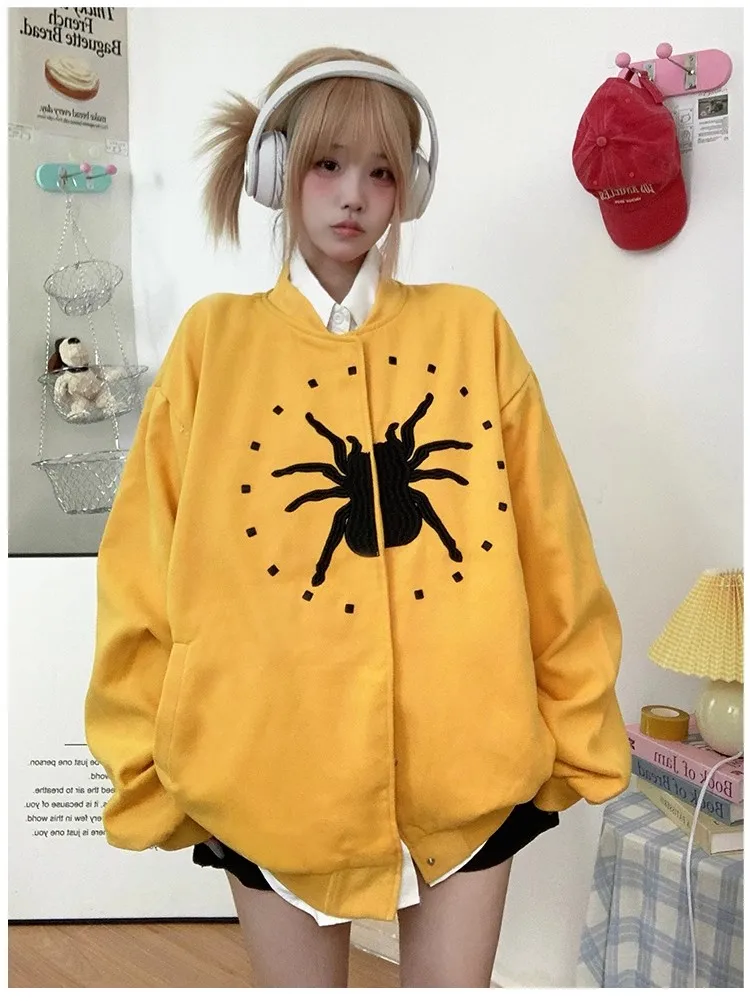 Spider Goth Punk Embroidery Button Up Coat Autumn Baseball Jacket harajuku y2k loose outwear outfit casaco bomber women man top