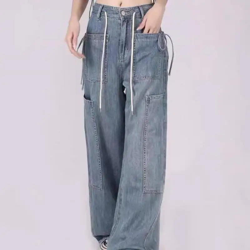 Autumn Fashion Retro Drawstring Multi-pocket Tooling Jeans High Street Tide High Waist Loose And Thin Summer New Straight Jeans