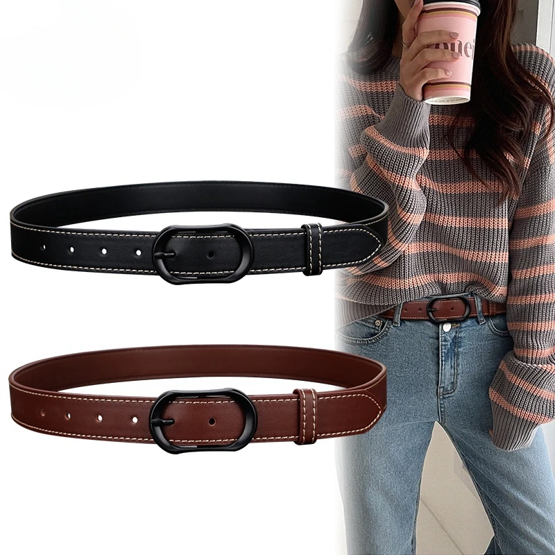 Genuine Leather Belt for Women with White Stitching Single Prog Buckle Belts for Women Jeans