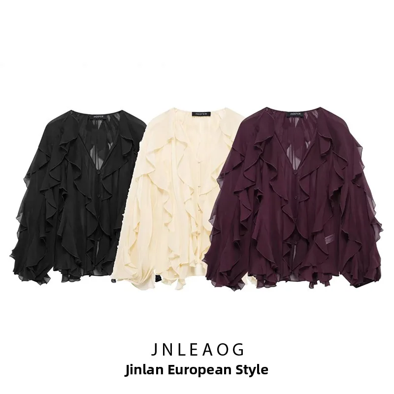 

Женская блузка JNLEAOG с декоративными многослойными вставками, осенняя новинка, V-образный вырез, длинный рукав, из полиэфирного волокна, повседневный стиль