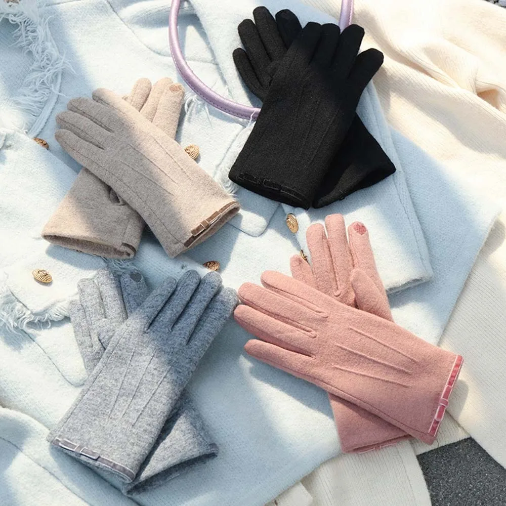 Faux Cashmere Bow Anti-cold Mittens Touch Screen Soft Soft Thickened Gloves Solid Color Sewn Elasticity Finger Mittens Lady