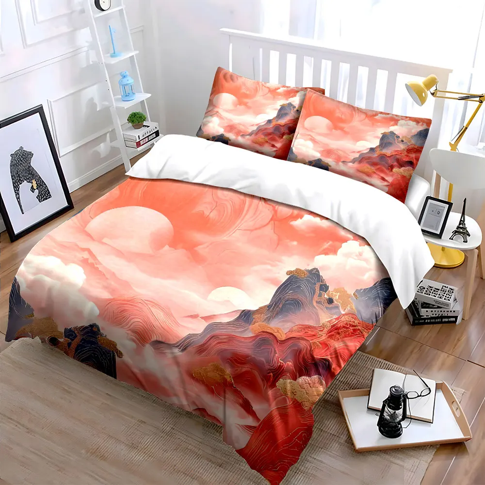 Abstract Mountain Sunrise Art Set Bedding Set with 1 Duvet Cover 2 Pillowcases Single Double King Queen, Gift