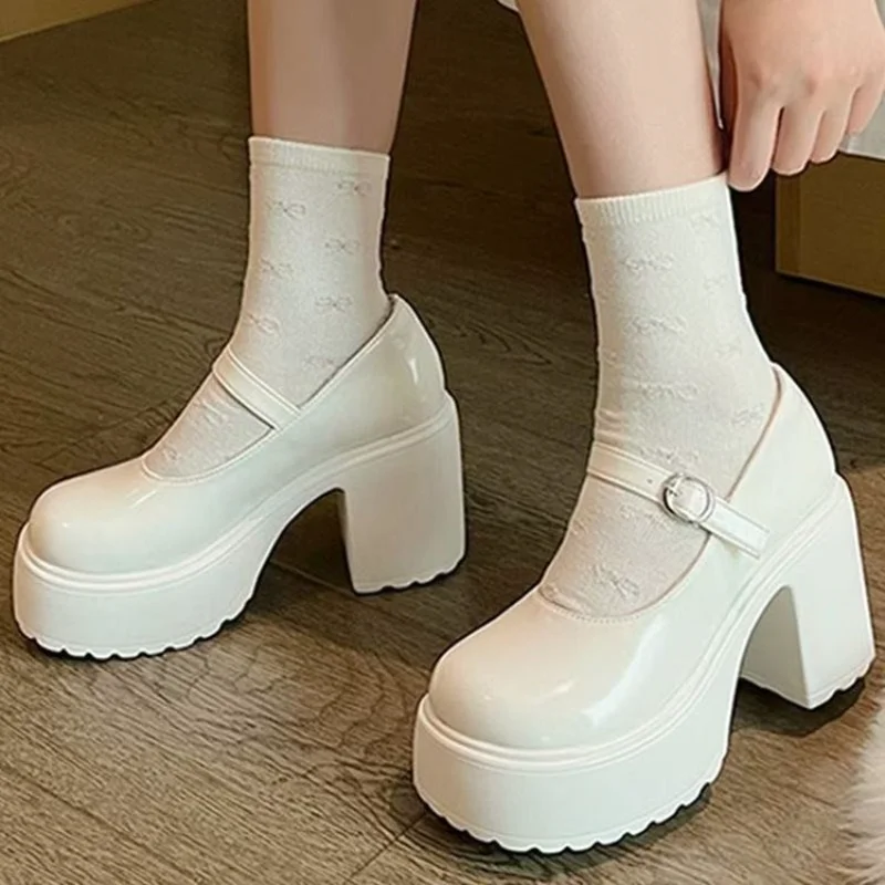 Women Fall Cream One Strap Block Heel Platform Mary Jane Shoes JK Lolita Height Increasing Student Dress Heels