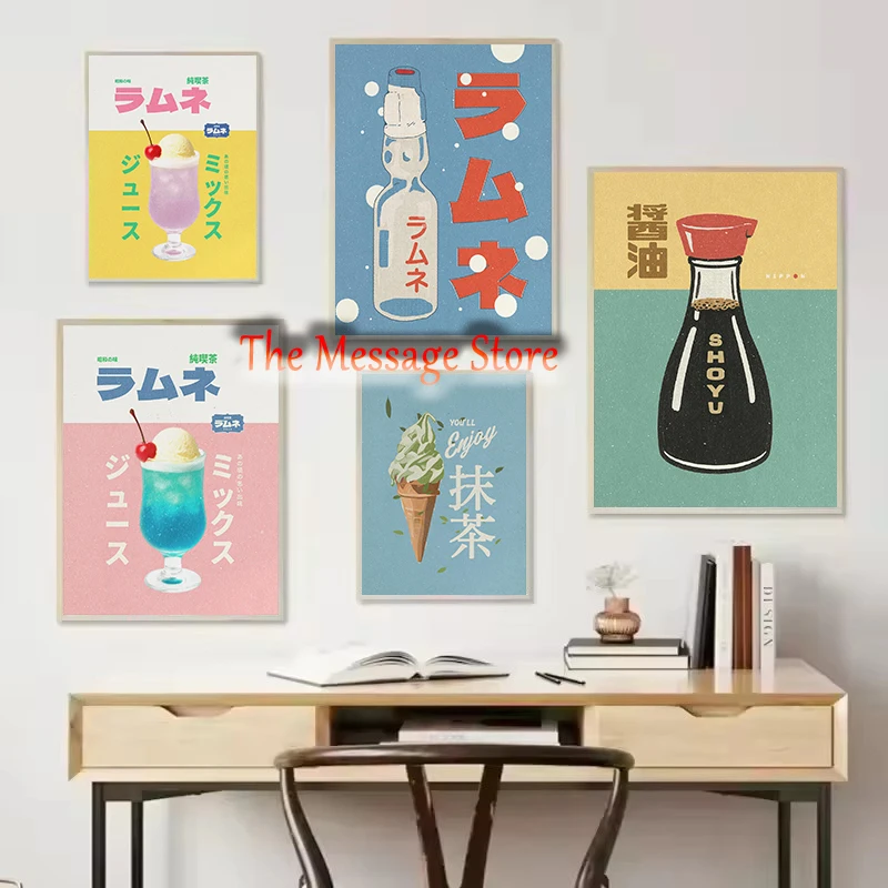 Póster Retro Japandi de Bebidas Japonesas Coloridas, Soda, Batido, Matcha, Salsa de Soya, Cuadro en Lienzo para Decoración del Hogar