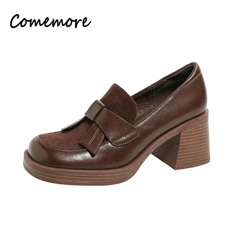 Comemore-mocasines gruesos de cuero marrón para mujer, zapatos de tacón alto con plataforma de lujo, estilo británico