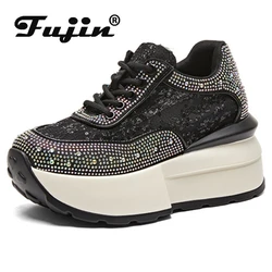 Fujin 8cm Air Mesh Synthetic Platform Wedge Casual Lace Up Flat Chunky Sneaker Bling Bling Leather Comfy High Brand Summer Shoes