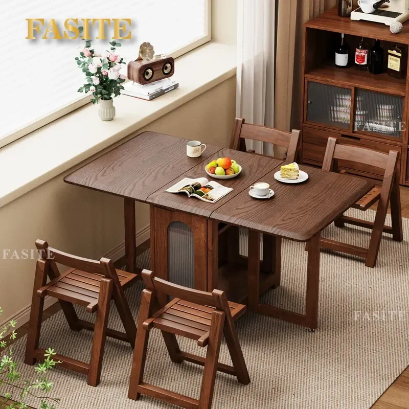 For Solid Wood Folding Dining Table Rectangular Telescopic Extendable Kitchen Restaurant Furniture Space Saving Design for