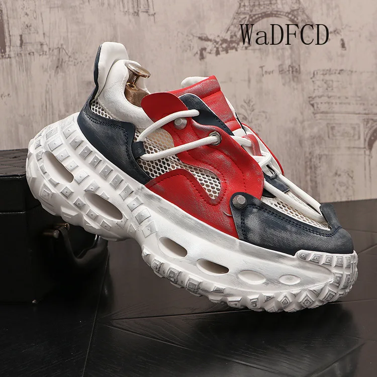 Chunky Sneaker Men Designer Hollow Tire Bottom Sport Shoe Fashion Casual Leather Mesh Breathable Height Increased Platform Shoes