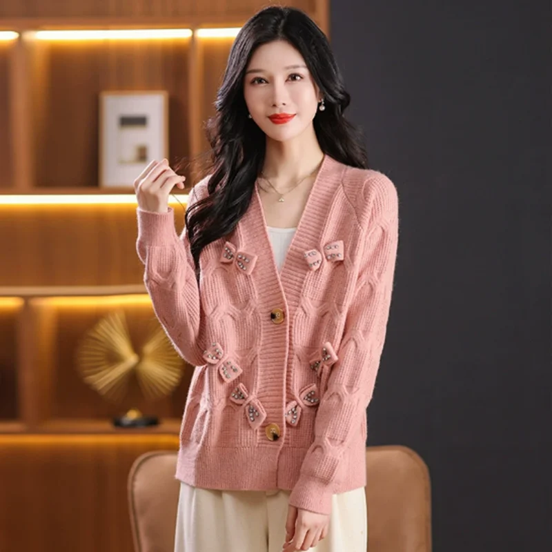 러블리 보우 가디건 스웨터 여성 신상 레트로 일본풍 V넥 리본 루즈핏 니트 여성 가을 겨울 2025