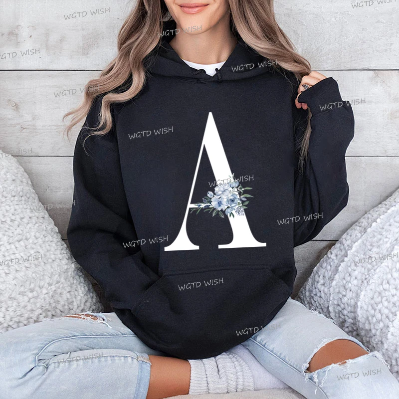 26 Initials Floral Alphabet Woman Hoodies Aesthetic 26 Letter Print Y2K Sudaderas Female Long Sleeve Fashion Graphic Sweatshirts