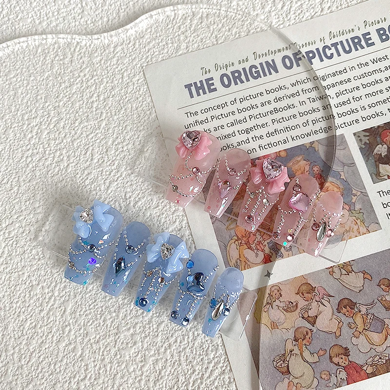 10PCS Handmade Coffin Shaped Nails, Beautiful Fake Nails, Charming Pink and Blue Nail Art, Butterfly, Suitable for Women to Use image 2