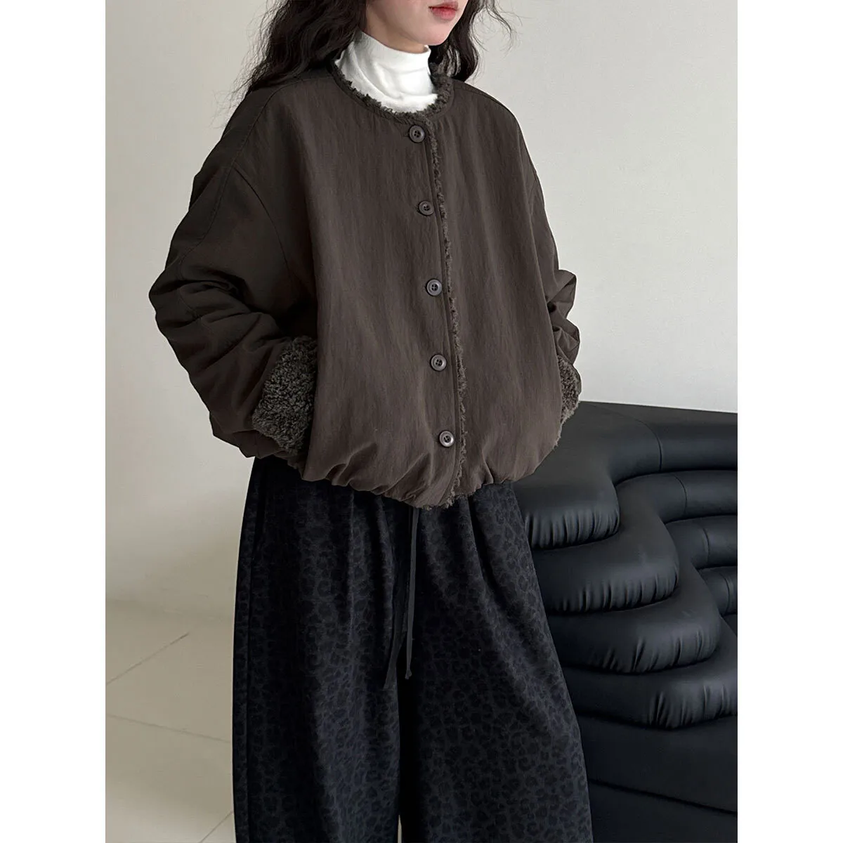 

Retro Simple Lamb Wool Round Neck Warm Petite Padded Jacket For Women Winter