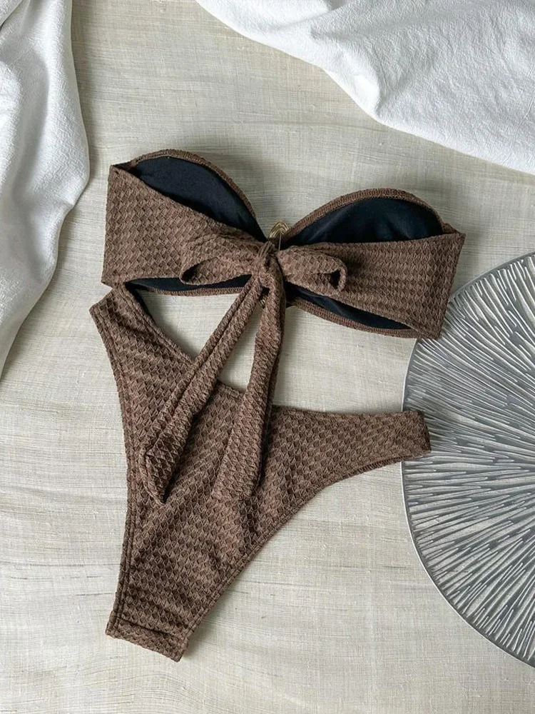 UETEEY 2025 nuevo traje de baño de verano conjunto de Bikinis Sexy sin tirantes Bikini con espalda descubierta conjunto de 2 piezas mujeres sólido traje de baño dividido Bikini de playa