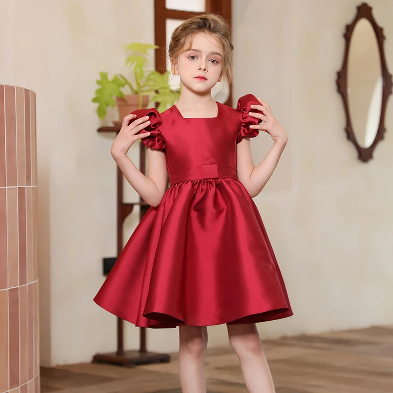 

Girls Wedding Party Puff Sleeve Dress Luxury Pageant Gown Clothing Birthday Outfits Kids Princess Noble Royal Red Evening Dress