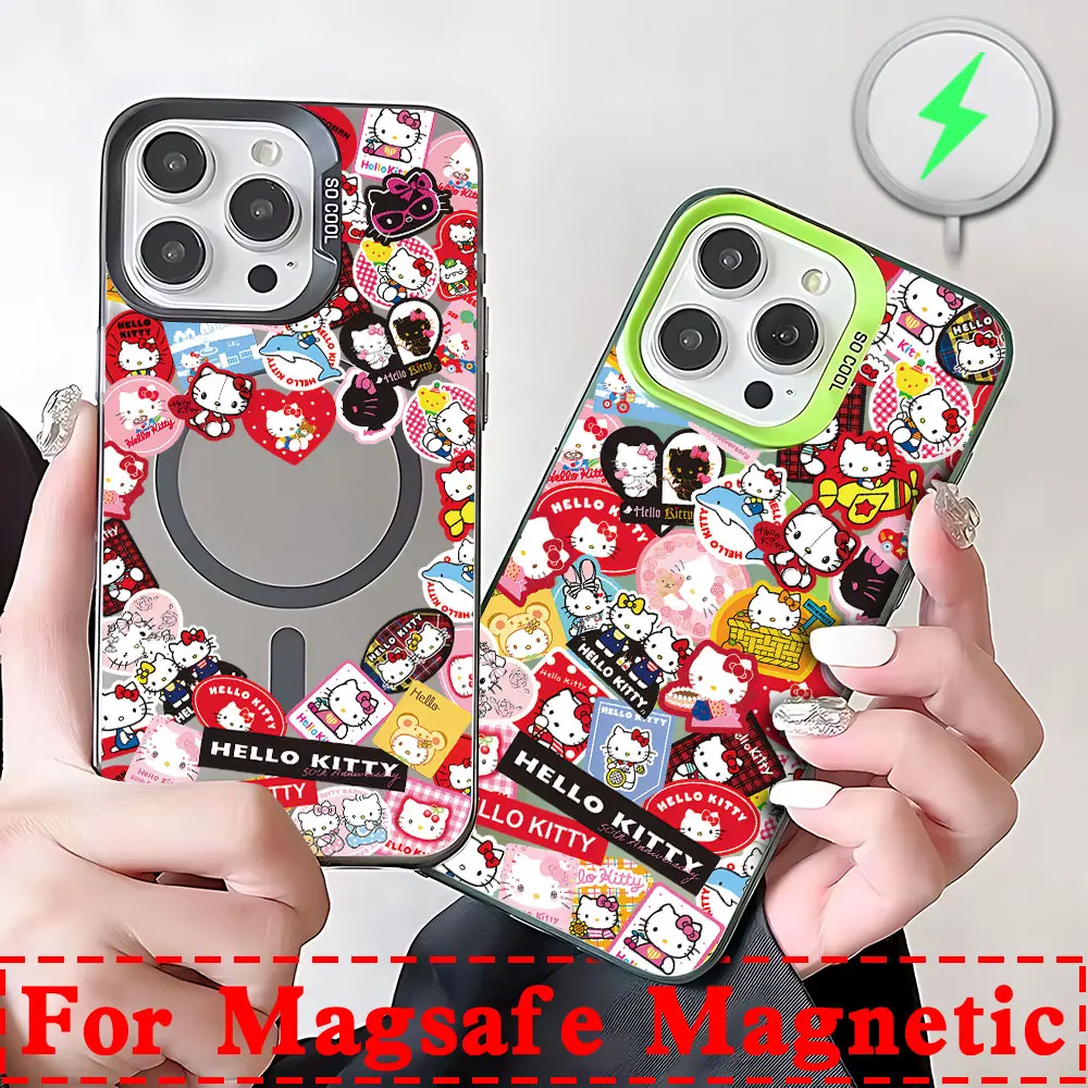 Cute Funny Cartoon Hellos Kittys Magsafe Magnetic Phone Case for IPhone 11 12 13 14 15 16 Pro Max Plus Creative Border Cover