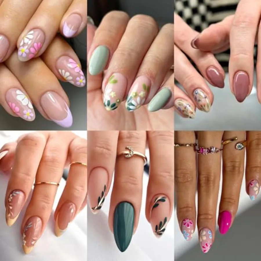 

6 Packs 144 Pcs Almond, Flower and Leaf Press on Nails - Short, Medium Sizes - 6 Styles - Fake Nails Kit for Women