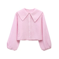 Plaid Shirts for Womens Peter Pan Collar Tops Long Sleeve Single Breasted Blouse Cute Sweet Girls Loose Shirts 4661038