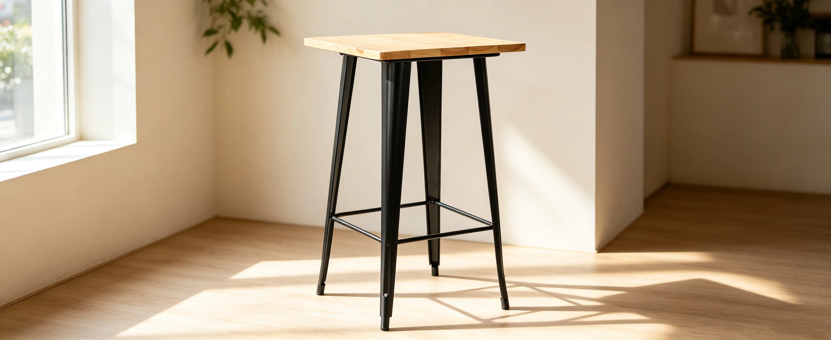 Mange-Debout Tisch, Holzplatte, Industriedesign, Metall, 60 X 60 X 108 cm – Detail 1