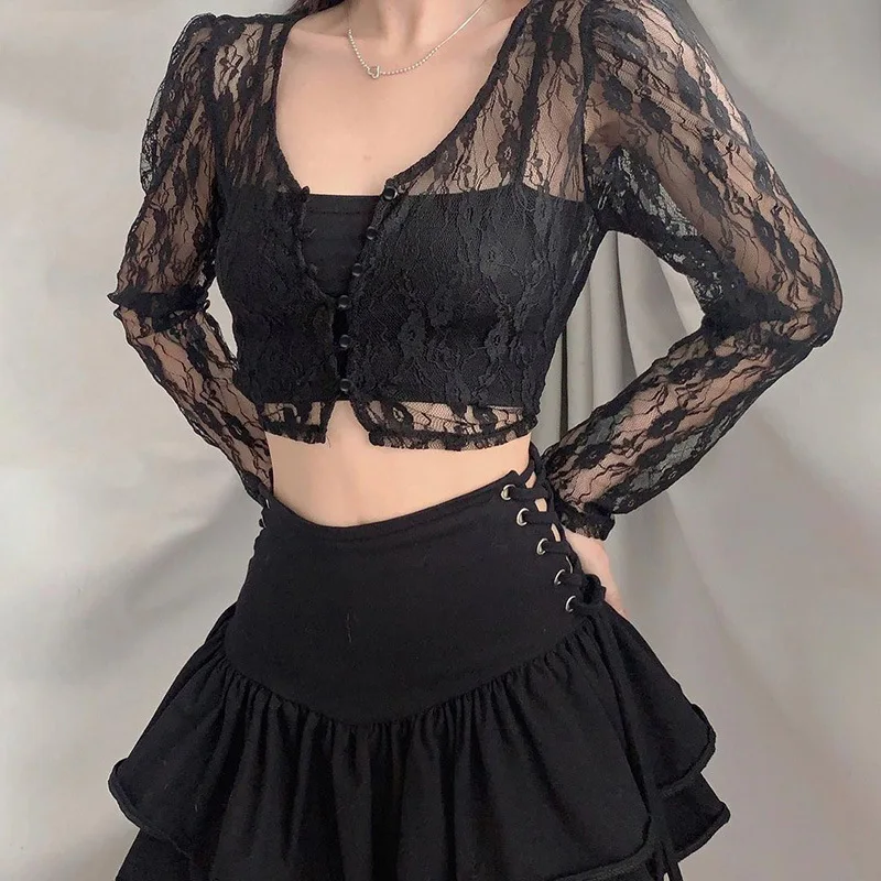 Women Sexy Lace Floral See-Through Crop Top V Neck Long Sleeve Cardigan Spring Summer Button Down Shirt Blouse Y2k Streetwear