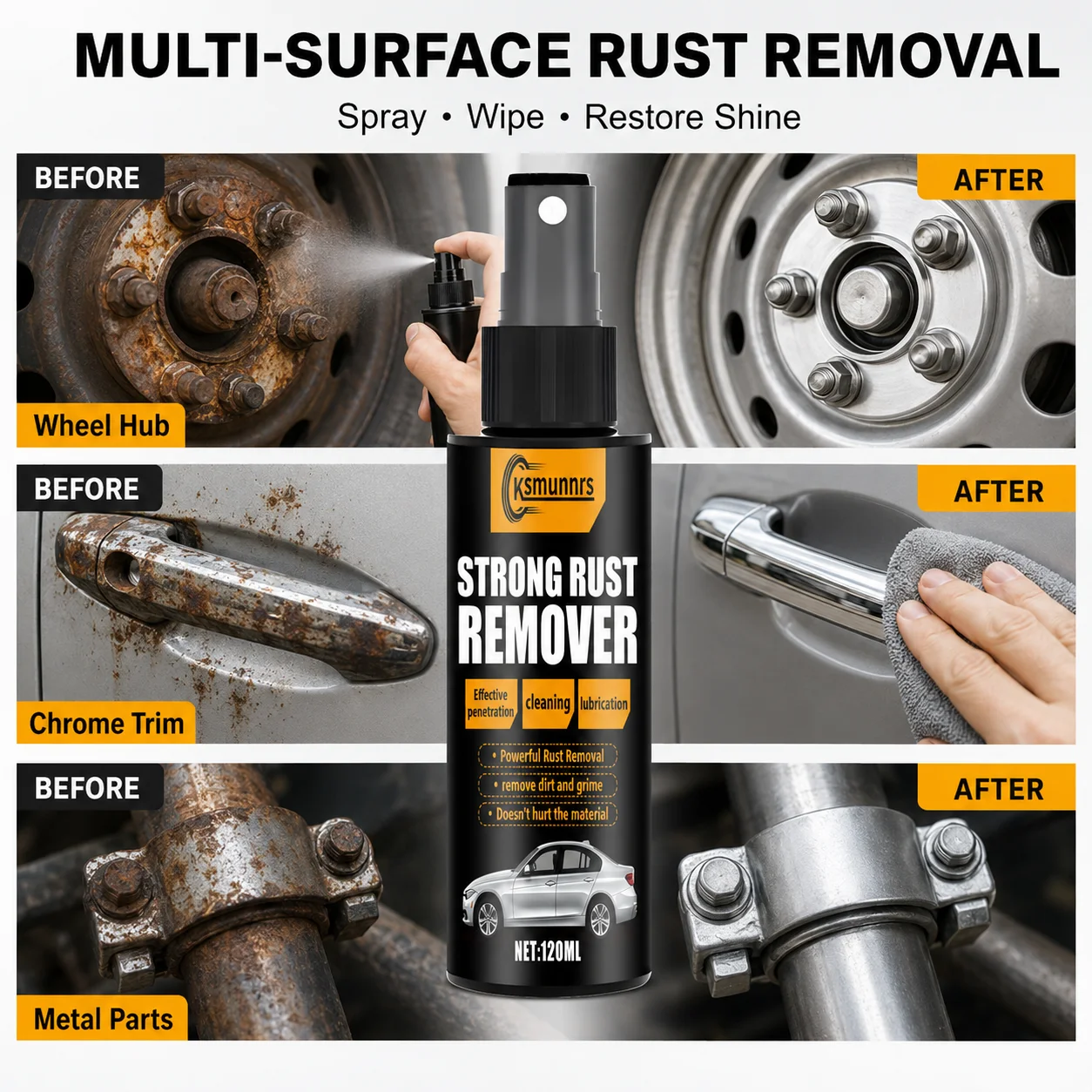 120ml Metal Rust Remover Spray, Fast Cleaning and Polishing Agent for Car Parts, Wheel Hubs and Metal Surfaces