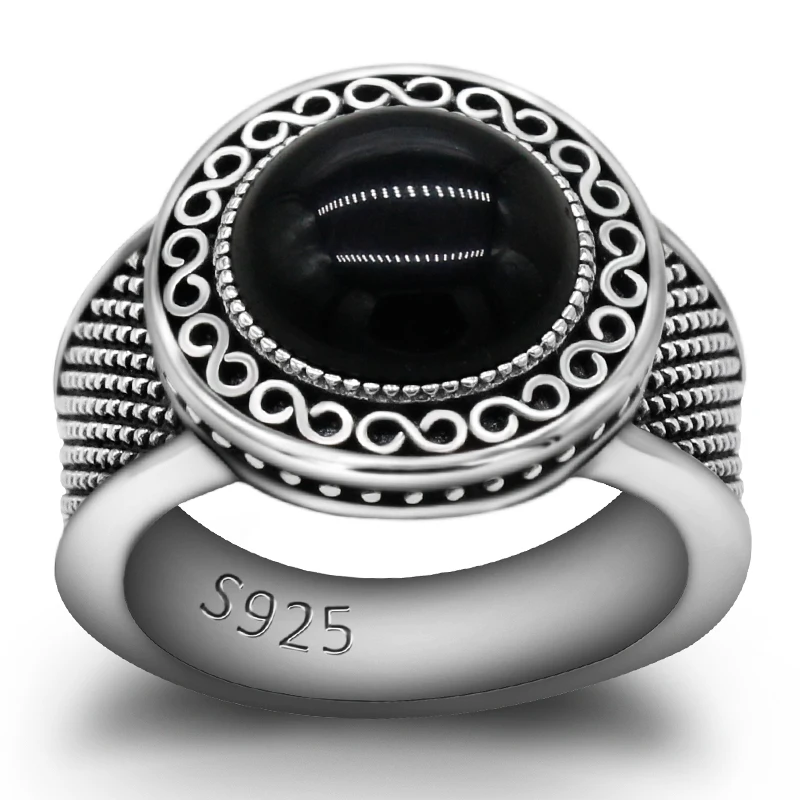 خاتم العقيق الطبيعي للرجال 925 فضة دائري أسود الأحجار الكريمة خمر خاتم المرأة أنيقة Türkiye الفضة والمجوهرات الرائعة