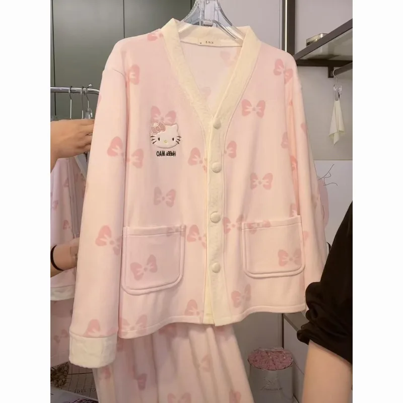 

Girls Casual Cute Hello Kitty German Velvet Pajamas Girls Autumn and Winter Style Thickening Can Be Weared Outside Home Clothes