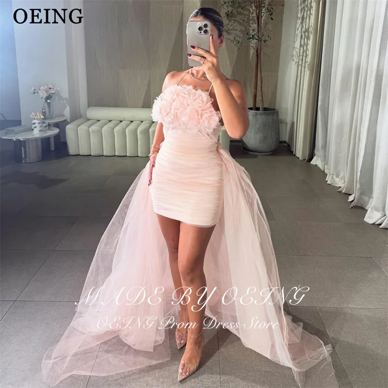 OEING Elegant Mermaid Prom Dress Mini Princess Pink 3D Flowers Gala Party Dress With Detachable Train vestidos Customized 4