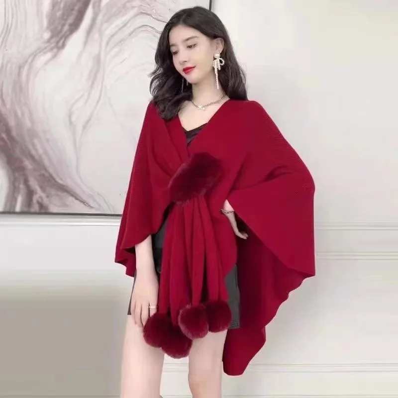 Autumn Winter New Imitation Wool Ball Cape  Knitted Cardigan Irregular Capes  Ponchos Women Capes Gray Cloak