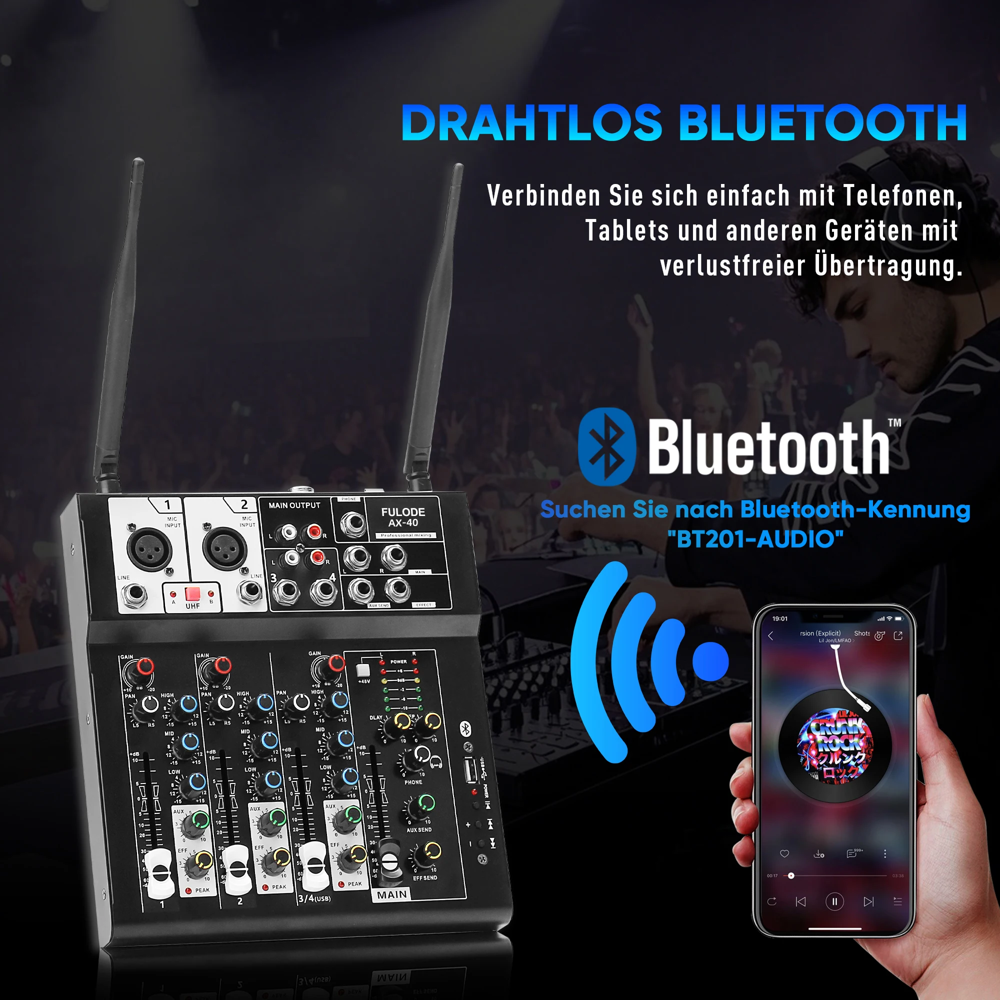 FULUODE AX-40 ミキサーとマイクキット、プロ仕様のサウンドエフェクト調整とリアルタイムの音質最適化機能付き