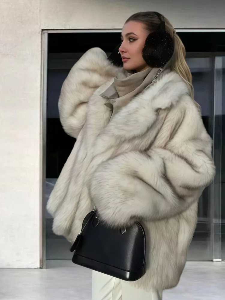 ZADORIN 2025 معطف شتوي أنيق فروي دافئ أبيض ثعلب من الفرو الصناعي ملابس نسائية طية صدر السترة كبيرة الحجم متوسطة الطول من الفرو المنفوش ملابس خارجية