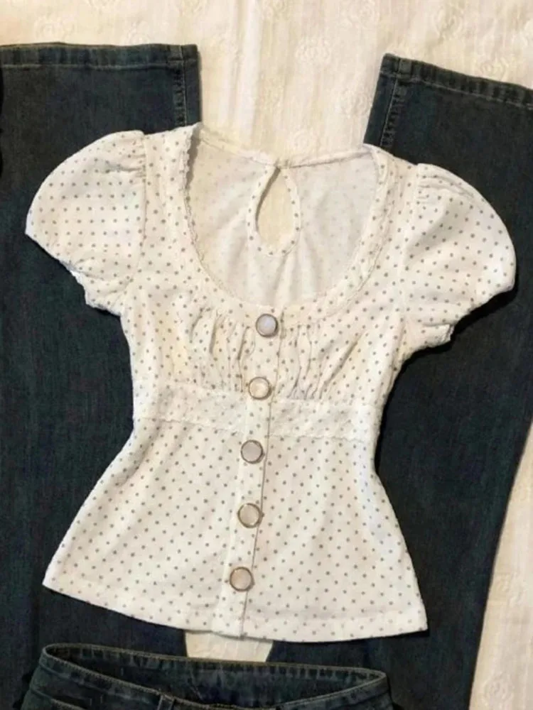 

Y2k Aesthetic Polka Dot Sweet Women Blouse Vintage Single Breasted Slim Fit Blusas Lace Patchwork Summer Puff Sleeve Grunge Tops