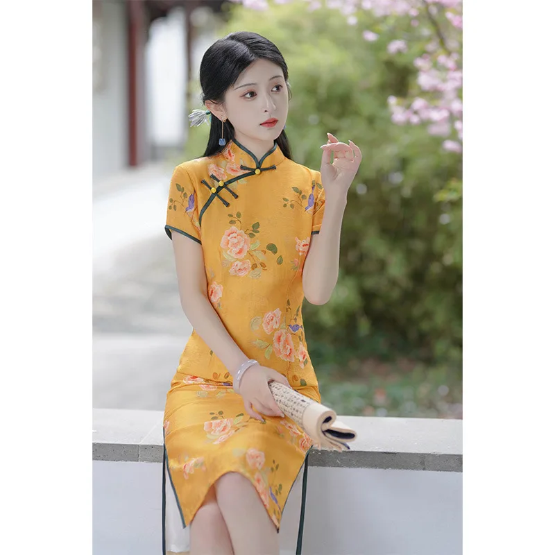 

Spring Mandarin Collar Printed Silk Linen Chinese Qipao Vintage Young Girl Short Sleeve Cheongsam Dress