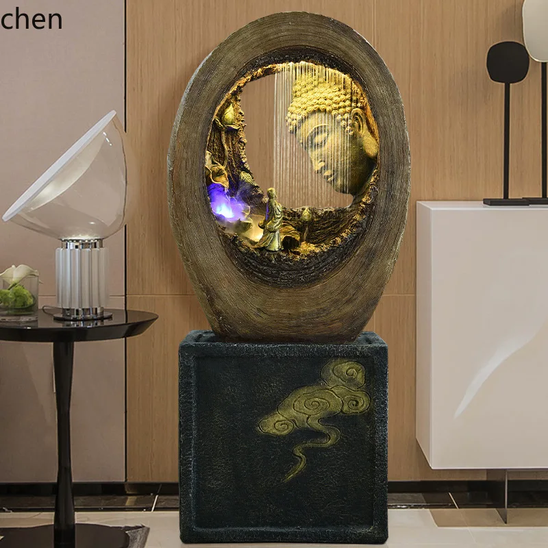 ZMLBuddha Statue Fountain Water Flow Ornament Buddha Head Tea Room Zen Humidifier Decoration